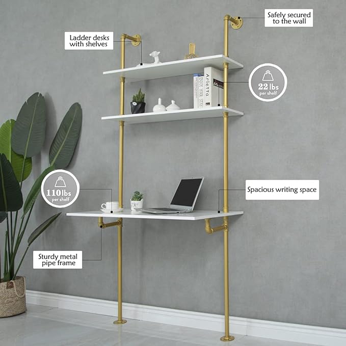 MAIKAILUN White and Gold Desk, 36" Ladder Desk, Wall Mount Computer Writing Table Pipe Shelf Shelving Mini Narrow Industrial Modern for Small Spaces(36x20x81)