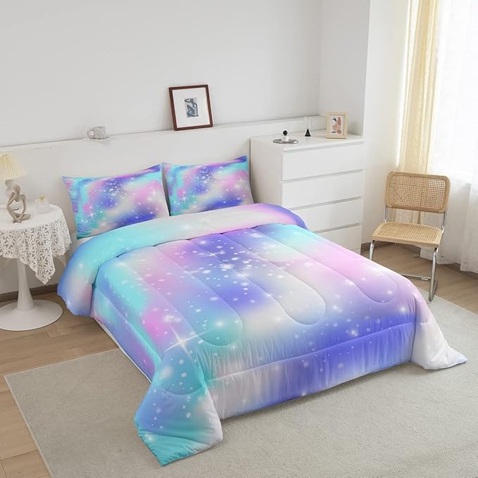 Erosebridal Ombre Comforter Rainbow Comforter Set Full Tie Dye Galaxy Duvet Set Nebula Bedding Starry Sky Quilt Set Pastel Stars Glitter Bedding Set Purple Blue Bedroom Decorative Down Comforter