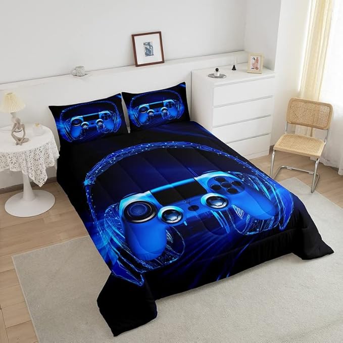 Gamer Bedding Set Kids Video Game Gamepad Comforter Set for Boys Teens Gaming Headset Comforter Breathable Blue Game Controller Duvet Set Room Decor Quilt Set Full Size