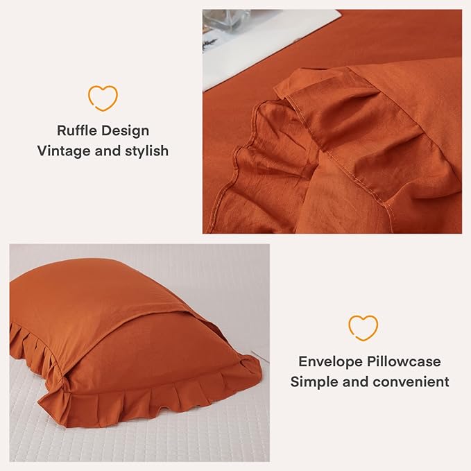 Andency Terracotta Ruffle Comforter Full(79x90Inch), 3 Pieces(1 Ruffled Comforter and 2 Pillowcases) Solid Farmhouse Shabby Chic Comforter, Vintage Rustic Soft Microfiber Bedding Set