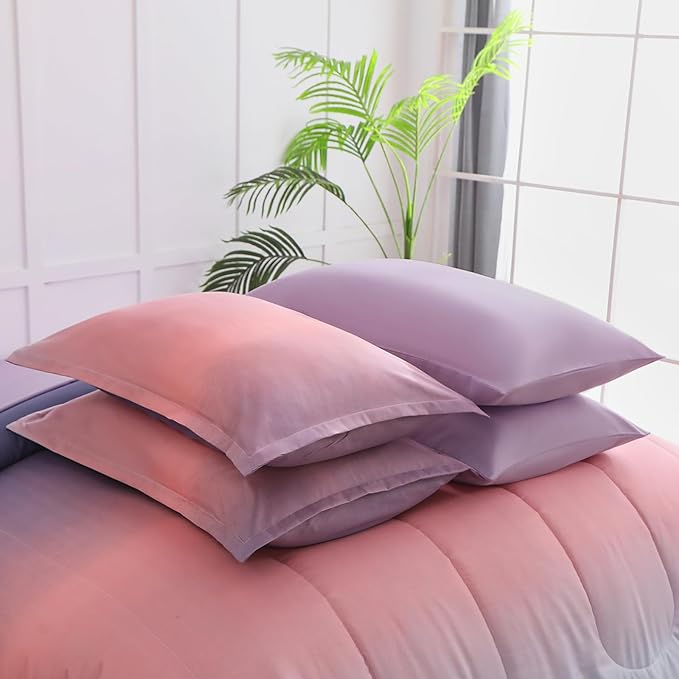 Dinjoy Girls Comforter Set Twin Size Colorful Rainbow Ombre Pink Purple Light Blue Bedding Set Gradient 6 Pieces Bed in A Bag for Kids Teen Women(1 Comforter, 1 Flat Sheet, 1 Fitted Sheet)