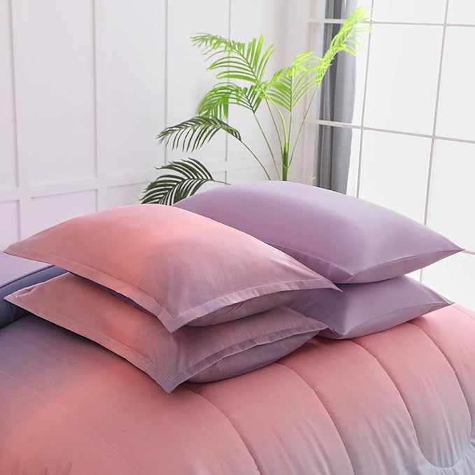 Dinjoy Girls Comforter Set Twin XL Size Rainbow Ombre Pink Purple Light Blue Bedding Set Gradient 6 Pieces Bed in A Bag for Kids Teen Women(1 Comforter, 1 Flat Sheet, 1 Fitted Sheet)