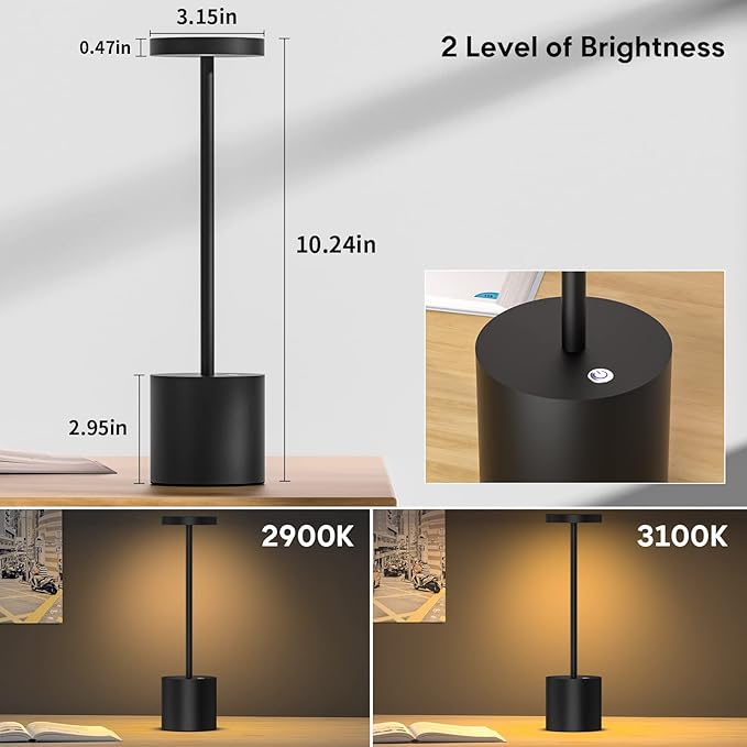 Cordless Table Lamp, 10.25in Rechargeable Portable Battery Operated Powered Desk Lamps Set of 2 Levels Dimmable Night Table Lights for Living Room Dining Restaurant Bar Garden Patio-Black