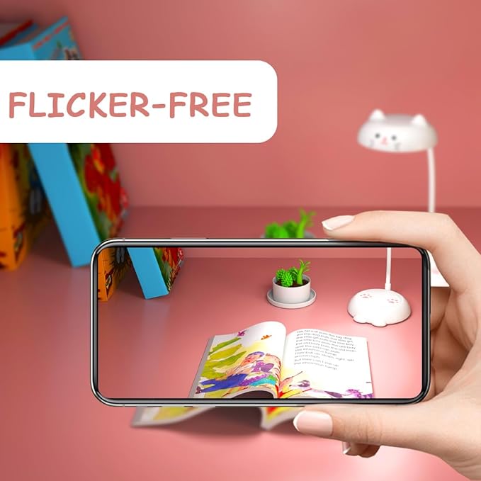 Cute Small Desk Lamp for Kids, Eye-caring Desk Light LED Reading Lamp, 3 Color Dimmable & 45min Timer, Battery Powered Cordless Lamp Rechargeable, Flexible Gooseneck Battery Operated Table Lamp, Cat