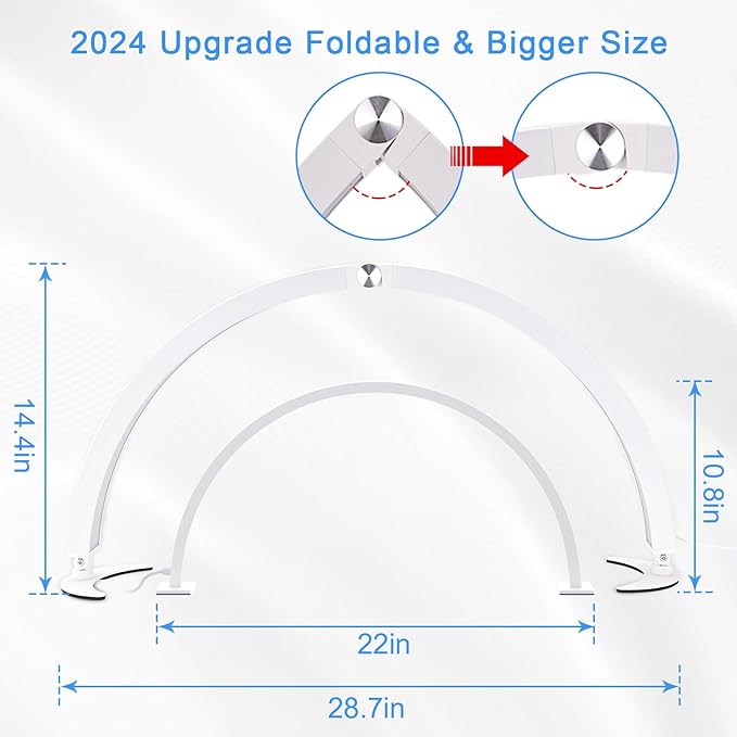 Half Moon Light for Desk, 28.7" Foldable Arch LED Nail Tech Lamp with 7 Color Modes, 10-Level Brightness for Professional Manicure Salon, Tattoo, Eyelash Extensions, Reading- White