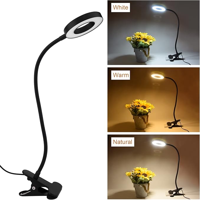 LED Clip On Light Reading Light, 10 Dimmable Brightness Gooseneck Clamp Desk Ring Light with Metal Bookmark for Reading Makeup Bedside (Size:Lamp+Bookmark)