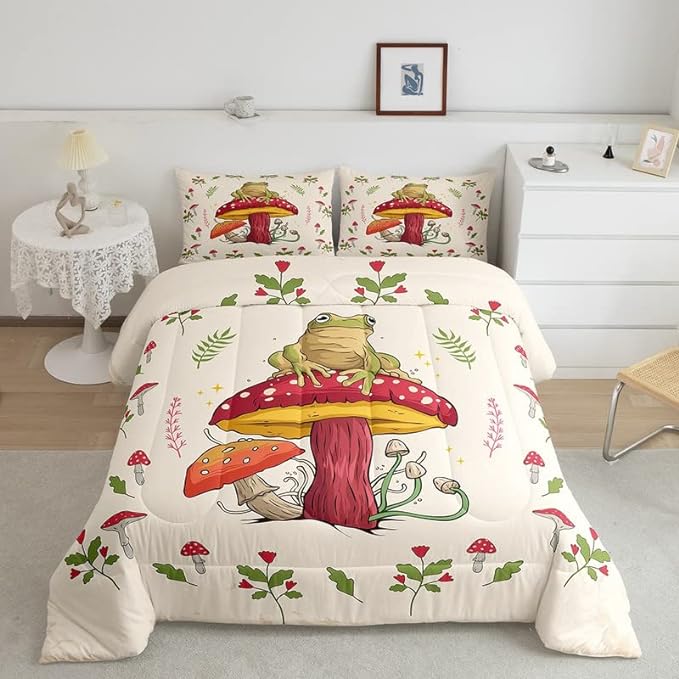 Feelyou Frog Print Bedding Set Kids Kawaii Decor Comforter Set Frog Mushrooms Comforter Cover Set for Room Decor Botanica Cute Mushroom Decor Beige Red Duvet Set Twin Size 2Pcs Quilt Set
