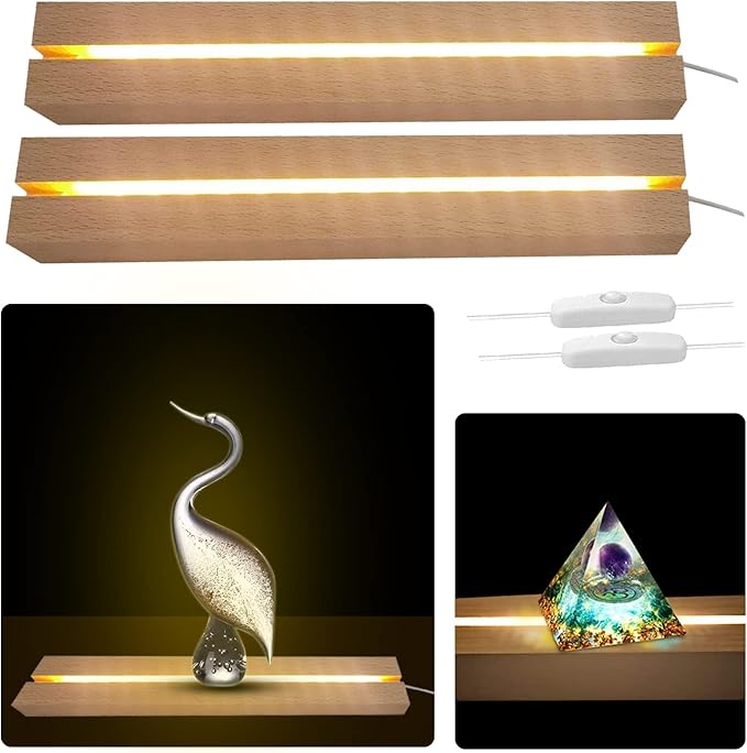 LED Light Display Base, 2 pcs 11.81 Inch Wooden LED Light Base for Acrylic, Rectangle Wood Display Pedestal, 3D Crystal Light Base For Glass Art, Wood Night LED Light Lamp Base with Usb Switch