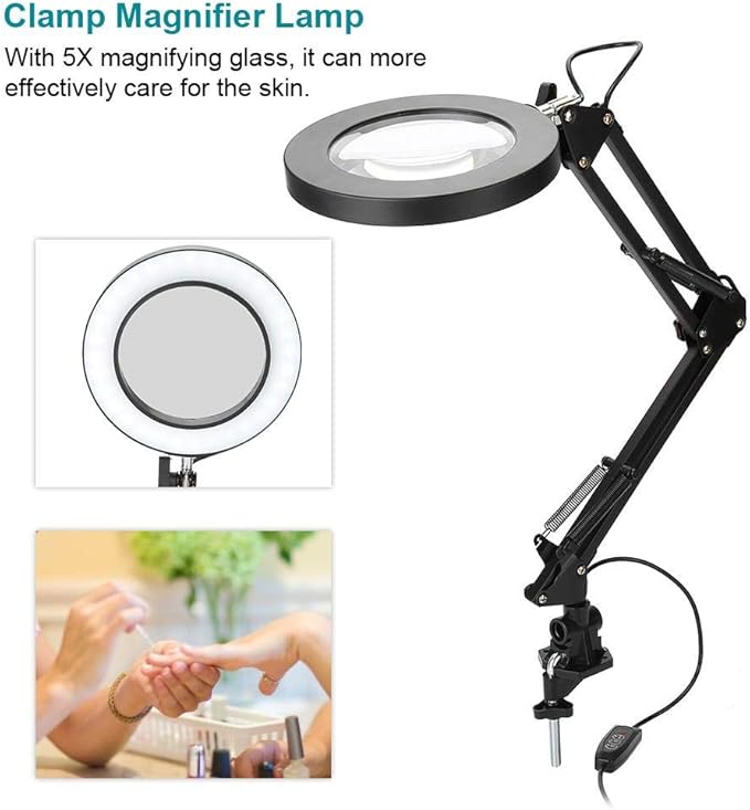 LED Magnifying Lamp with Clamp, 5X Magnifier Glass Light Lens, USB Dimmable Desk lamp for Table Craft or Workbench