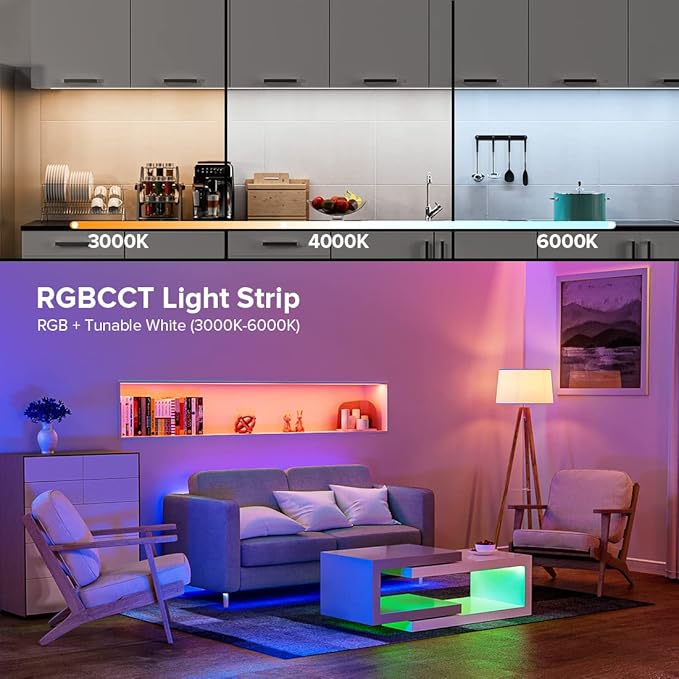 BTF-LIGHTING RGBCCT 5 Colors in 1 LED Tape Lights 5050SMD RGBWW RGB+Dimmable Color Temperature 2700K-6500K 16.4ft 96LED/m 480LED IP30 DC12V White PCB for Home Decoration(No Adapter or Controller)