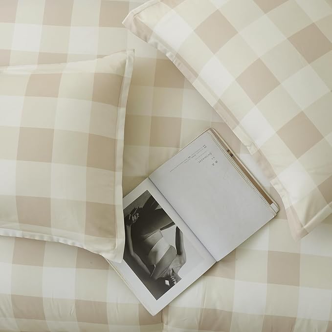 Andency Beige Grid King Size Comforter Set (104x90 Inch), 3 Pieces(1 Grid Comforter and 2 Pillowcases), Summer Lightweight Microfiber Down Alternative Beige Comforter