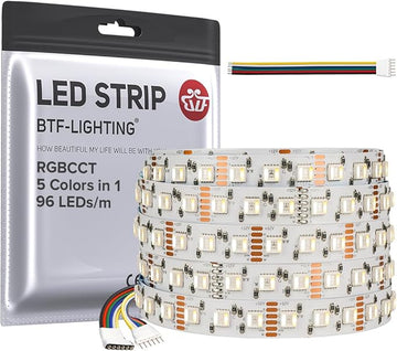 BTF-LIGHTING RGBCCT 5 Colors in 1 LED Tape Lights 5050SMD RGBWW RGB+Dimmable Color Temperature 2700K-6500K 16.4ft 96LED/m 480LED IP30 DC12V White PCB for Home Decoration(No Adapter or Controller)