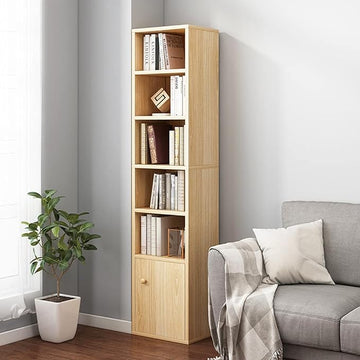 IOTXY Small Narrow Corner Bookcase - 59 Inches Tall Gap Freestanding Storage Cabinet, 6 Lattices Open Shelves Tower Rack with Door, Cubes Bookshelf in Oak