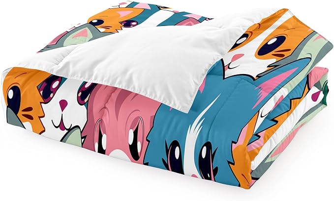 Cat Twin Comforter Set for Girls - Neon Cat Bedding Set for Girls Bedroom Cartoon Cats Twin Bedding Set for Room Ultra Soft Black Neon Cat Quilt and 1 Pillowcase Kids Girls Room Decor, Twin Size