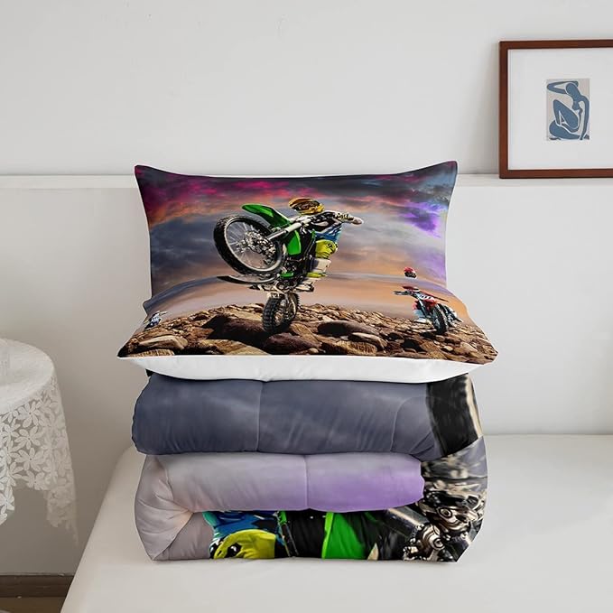 Dirt Bike Comforter Set for Boys Bedroom Motocross Rider Extreme Sports Duvet Insert Mountain Bike Bedding Quilted Set Kids Motorcycle Motorbike Down Comforter,Soft Lightweight for All Season,Queen