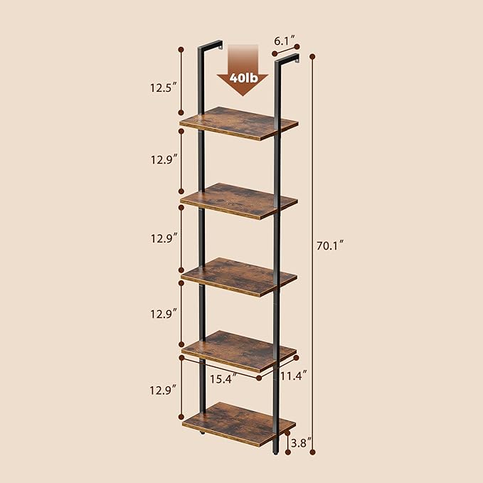 SUPERJARE 5 Tier Bookshelf, Narrow Book Shelf with Open Display Shelves, Small Bookcase with Metal Frame for Bedroom, Living Room, Rustic Brown