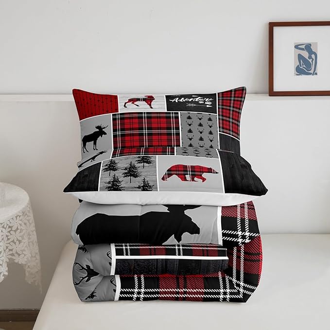 Deer Antlers Bear Kids Comforter Set Full Size,Plaids Boho Arrows Patchwork Bedding Set for Boys Girls Adults Room Decor,Rustic Adventure Xmas Down Comforter,Red Retro Duvet Insert,2 Pillowcases