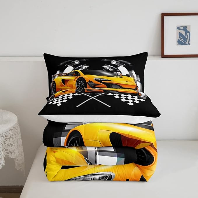 Yellow Race Car Comforter Set Queen Size, Black and White Grid Quilt Set Extreme Sport Games Bedding Comforters 3pcs for Kids Teens Boys Room Decor,Soft Modern Duvet Set with 2 Pillowcases
