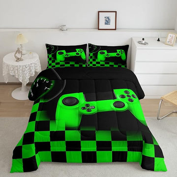Gaming Comforter for Teen Boys Game Room Decor Bedding Set Kid Girls Gamepad Duvet Insert for All Season Gamer Home Decor Down Comforter Set with Black Green Buffalo Check Plaid Twin Size,1 Pillowcase