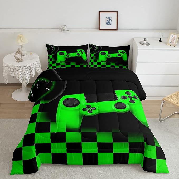 Gamer Comforter Set for Boys Home Decor Full 3pcs,Green Buffalo Plaid Check Novelty Bedding Set Microfiber Soft,Game Reversible Warm Duvet Insert,Gaming Gamepad Down Comforter with 2 Pillowcases