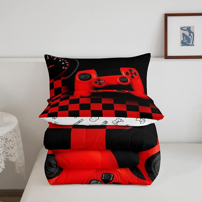 Erosebridal Gamer Bedding Sets for Boys Gaming Comforter Sets Twin Size for Kids Teen Boys Gamer Room Decor Video Game Gamepad Bedding Set with Plaid Check Grid Duvet Insert Soft All Season,Black Red