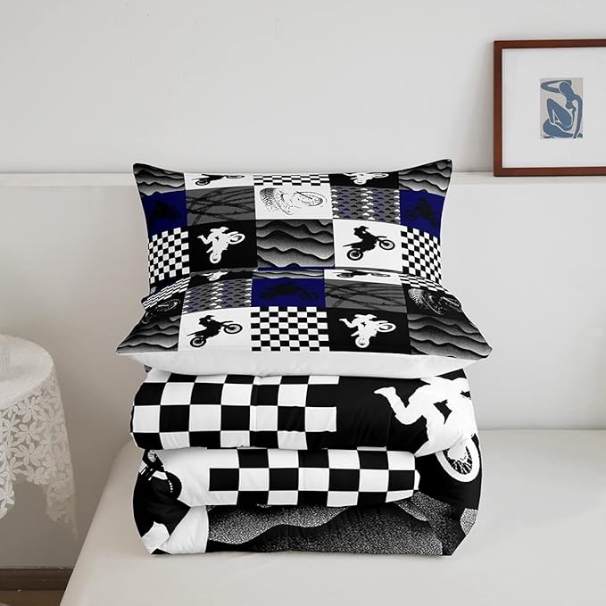 Dirt Bike Comforter Set, Motocross Rider Bedding Comforter Sets Queen, Motorcycle Grunge Down Comforter For Kids Boys Adult Men, Motorbike Extreme Sport Game Comforter, Buffalo Plaid, Blue Grey Black