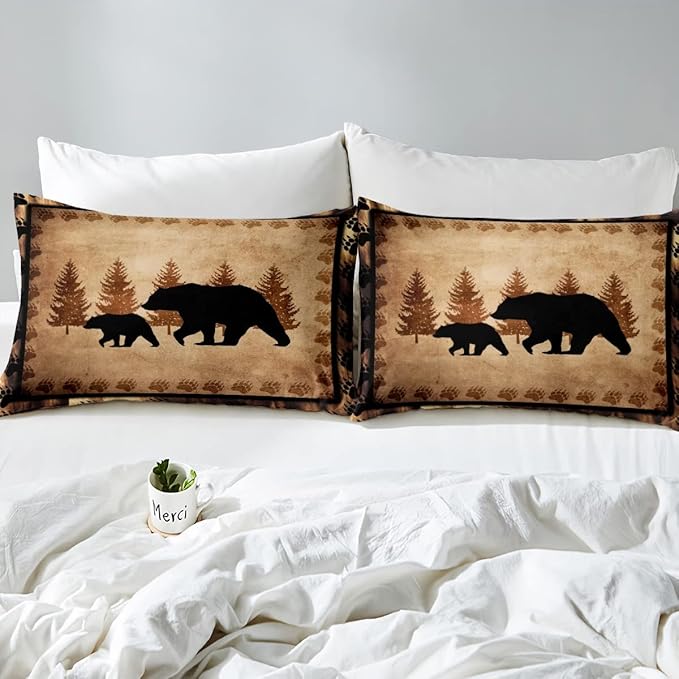 Bear Comforter Set Queen Size Farmhouse Wild Animal Comforter Retro Bear Family Bedding Set for Kids Boys Girls Brown Bear Paws Duvet Set Rustic Bedroom Decor Quilted Set 3Pcs