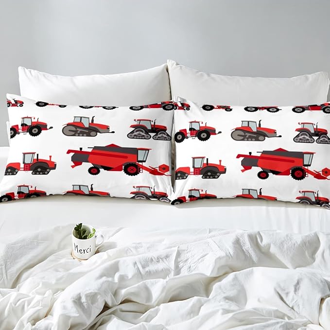 Red Tractor Comforter Set Full Size Heavy Equipment Truck Bedding Set For Kids Boys Girls Teens Harvester Tractor Down Comforter Farm Equipment Quilt Set Bedroom Collection 3Pcs Car Room Decor