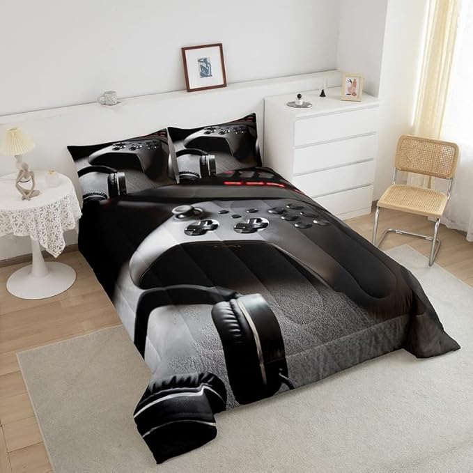 Feelyou Gaming Bedding Set Boys Game Controller Comforter for Kids Girls Teens Modern Gamer Headset Comforter Set Youth Gaming Console Video Game Decor Duvet Set with 2 Pillow Case King Size Black