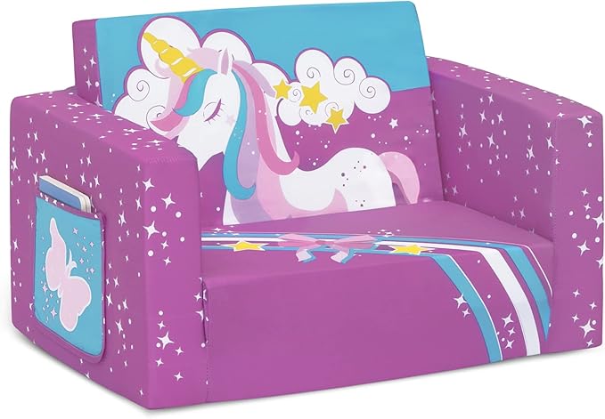 Delta Children Unicorn Cozee Flip-Out Chair For Relaxing - 2-in-1 Convertible Lightweight,Portable Chair to Lounger for Toddlers & Kids