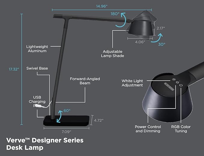 Bostitch Black+Decker Verve Designer Smart Desk Lamp, Compatible with Alexa, Auto-Circadian Mode, True White LED + 16M RGB Colors, USB Charging Port, Certified for Humans