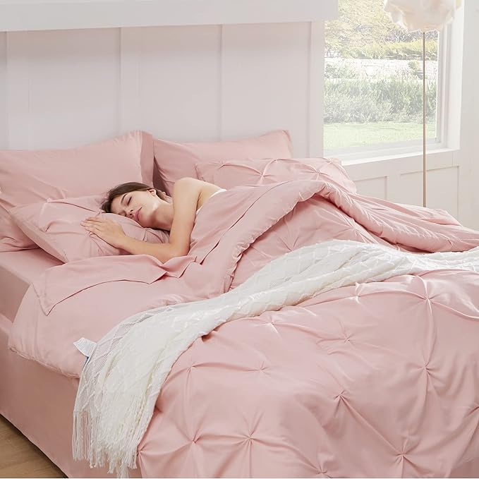 Bedsure California King Comforter Set - Cal King Bed Set 7 Pieces, Pinch Pleat Pink Cali King Bedding Set with Comforter, Sheets, Pillowcases & Shams