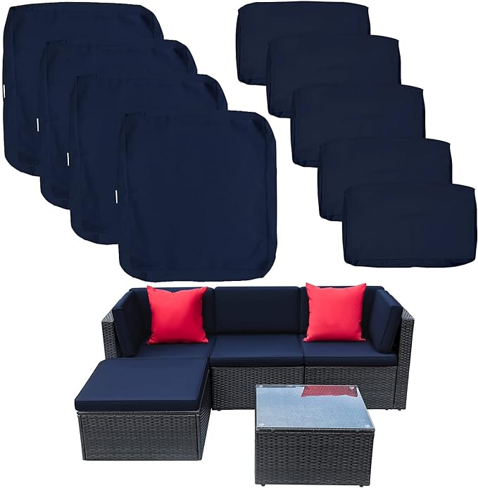 ClawsCover 9Pack Outdoor Seat and Back Cushions Replacement Covers Fit for 5 Pieces 4-Seater Wicker Rattan Patio Conversation Set Sectional Couch Furniture,Navy-Include Covers Only (Large)
