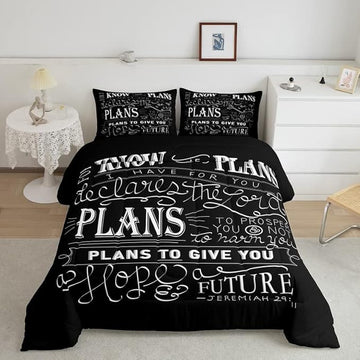 Feelyou Kids Vintage Bible Verse Comforter Set Christian Bible Verse Jeremiah Comforter Set for Boys Children Teens Bedroom Decor Modern Comforter Black Duvet Set King Size with 2 Pillow Case