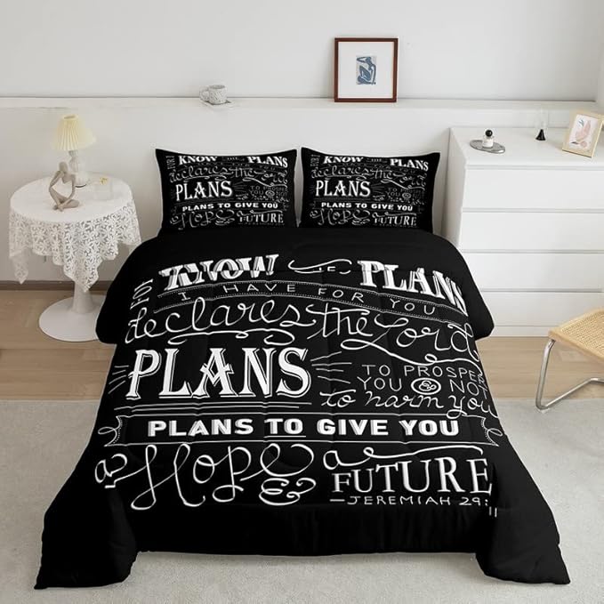 Feelyou Kids Vintage Bible Verse Comforter Set Christian Bible Verse Jeremiah Comforter Set for Boys Children Teens Bedroom Decor Modern Comforter Black Duvet Set King Size with 2 Pillow Case