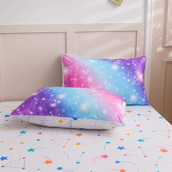 A Nice Night 6Pcs Gradient Glitter Bedding Set for Girls Twin Size, Colorful Rainbow Galaxy Comforter Set, Ultra Soft Bedding Sets, Purple