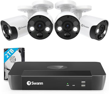 Swann Home Security Camera System with 2TB HDD, 8 Channel 4 Cam, POE Cat5e NVR 4K HD Video, Indoor or Outdoor Wired Surveillance CCTV, Color Night Vision, Heat Motion Detection, LED Lights, 886804FB