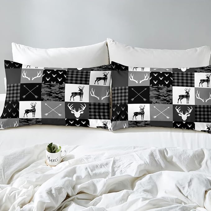 Camo Deer Comforter Set King Size,Western Rustic Farmhouse Xmas Bedding Set,Kids Boys Girls Room Decor,Antlers Arrows Geometric Plaids Comforter,Black Grey Retro Duvet Insert,3pcs,2 Pillowcases