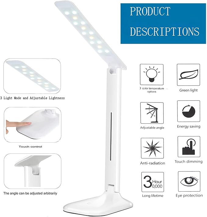 LaiduoleLED Desk Lamp with 3 Lighting Modes, 3 Brightness Level, Dimmable Foldable Eye-Caring 7W Desk Lamp with Touch Control for Studying Working Reading (White)
