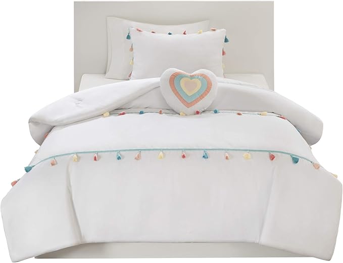Mi Zone Kids Tessa Cozy Comforter Set, Colorful Fun Design All Season Children Bedding Girls Bedroom Décor, Full/Queen, White with Colorful Tassel 4 Piece