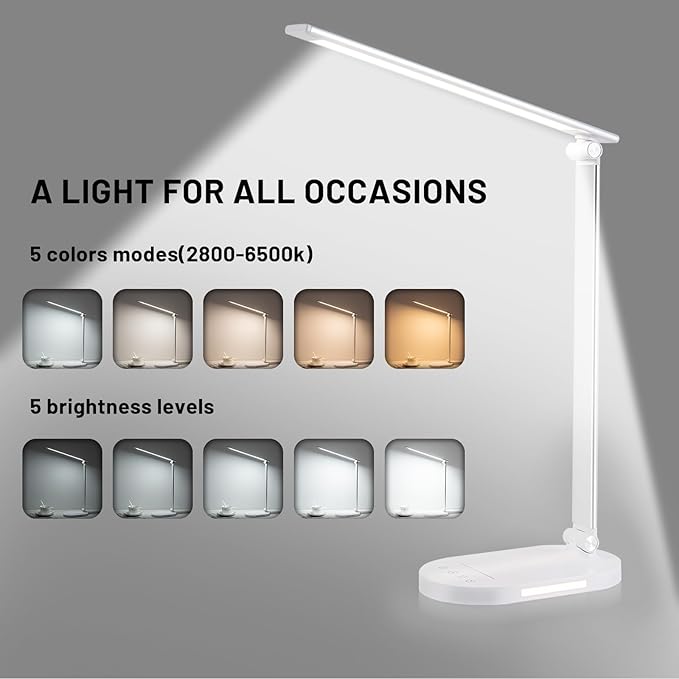 LED Desk Lamp for Home Office, Dimmable Table Lamp with USB Charging Port, 5 Lighting Modes, Sensitive Control, 60 Minutes Auto-Off Timer, Eye-Caring Office Lamp(White)