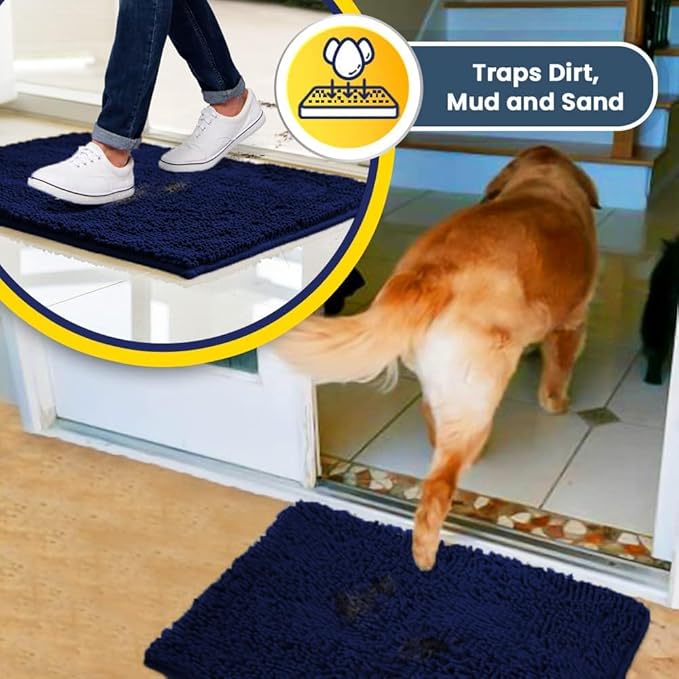 Muddy Mat® Original Dog Door Mat for Muddy Paws, Super Absorbent Microfiber, Non-Slip Washable Pet Rug, Quick Dry Chenille Entryway Carpet, Machine Washable Indoor Outdoor mat, Navy Blue 24"x96"