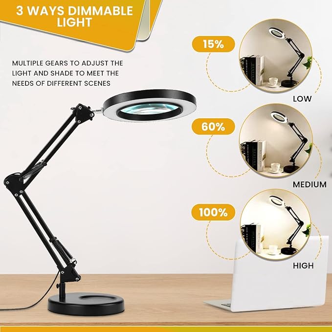 Magnifying Glass with Light and Stand - 2-in-1 Stepless Dimmable LED Magnifying Desk Lamp with Clamp - 3 Color Modes Lighted Magnifier Lens Swivel Arm Light for Reading, Craft, Close Works