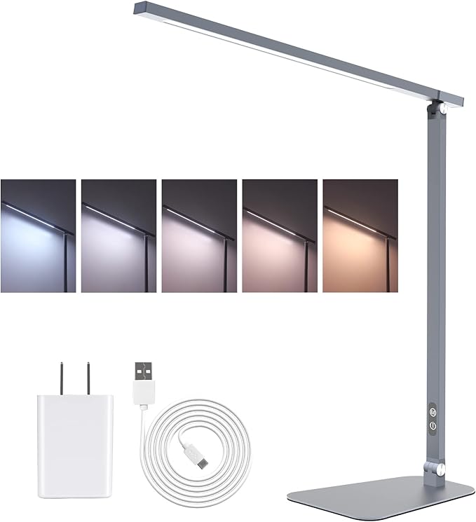 LED Desk Lamp Touch Control Aluminum Alloy Study Table Lamp Dimmable Eye-Caring,Bright Angle Adjustable Timer Portable Desk Light Wired for Home/Office/Dorm Work Reading Light with USB Cable