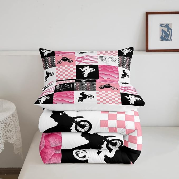 Motocross Comforter Set, Dirt Bike Bedding Sets & Collections Queen, Motorcycle Rider Down Comforter For Kids Boys Girls, Motorbike Extreme Sport Game Comforter Set, Buffalo Plaid, Pink Grey Black