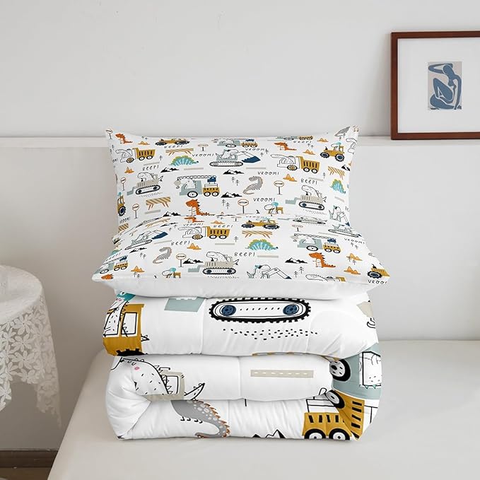 Feelyou Construction Bedding Set King Size Equipment Trucks Comforter Set for Kids Boys Girls Decor Dinosaur Comforter 3D Digital Print Yellow Duvet Set Bedroom Quilt Set