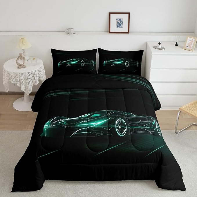 Feelyou Teal Race Car Bedding Set Queen Size for Kids Boys Extreme Sport Games Comforter Set Teens Toddler Fast and Furious Duvet Set Cool Modern Quilt Set 3Pcs