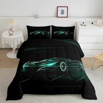 Feelyou Teal Race Car Bedding Set Twin Size for Kids Boys Extreme Sport Games Comforter Set Teens Toddler Fast and Furious Duvet Set Cool Modern Quilt Set 2Pcs