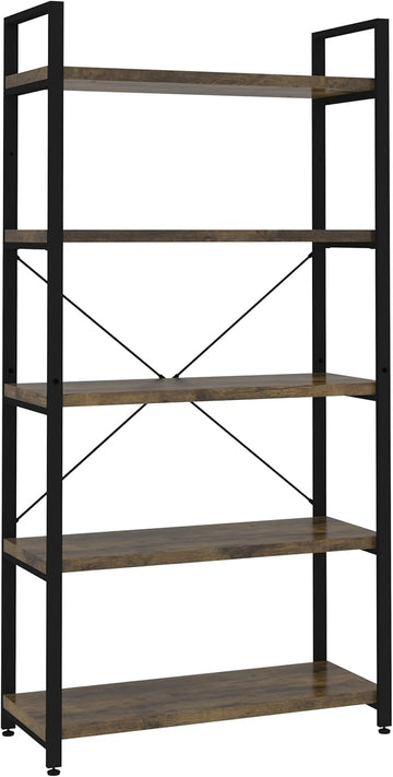 Panana 5 Tier Industrial Rustic Wooden Bookshelves, Vintage Open Wood and Metal Farmhouse Bookshelf Heavy Duty Storage Shelving Unit Rack (Brown)