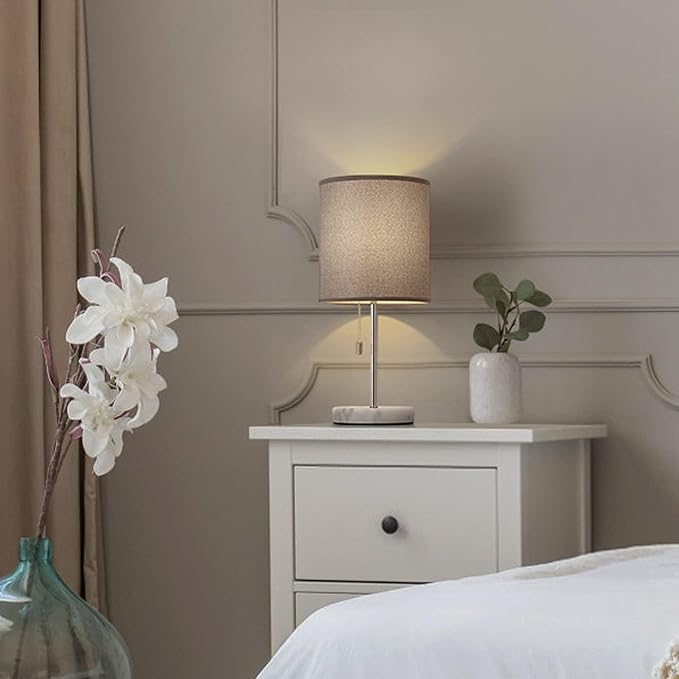 SEHERTIWY Bedside Lamps, Desk Lamps with Pull Chain, Nightstand Lamps with Marble Base and Silver Metal, Lamp for Bedroom, Living Room, Reading Room, Office-Grey